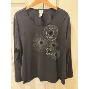Weekends by Chicos Black Beaded Embroidered Cotton Long Sleeve Top Size 3 XL